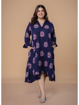 The Indian Ethnic Co. - Navy Blue Cotton Slub Floral A-Line Midi Dress
