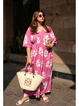 The Indian Ethnic Co. - Pink Cotton Slub Printed Kaftan Dress