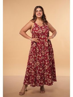 The Indian Ethnic Co. - Red Cotton Slub Floral A-Line Maxi Dress