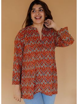 The Indian Ethnic Co. - Tapsi Rust Ajrakh Cotton A Line Short Top