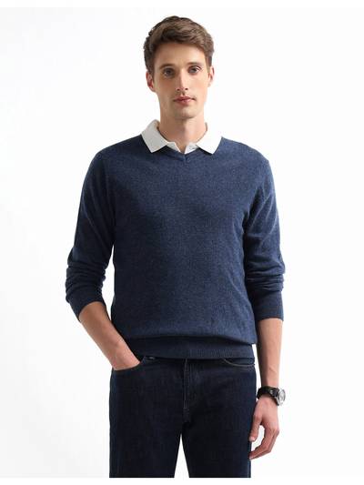 Men's Blue Heathered Patterned Knit Regular Fit Sweater