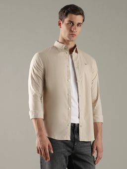 Tommy Hilfiger - Beige Solid Slim Fit Cotton Shirt