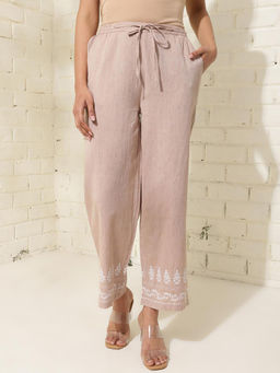 Fabindia - Beige Cotton Full Length Comfort Fit Embroidery Pant