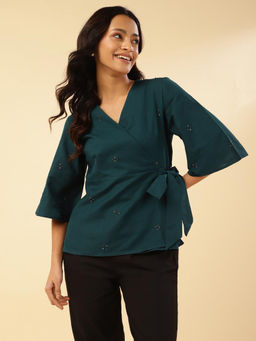 Fabindia - Teal Cotton Linen Regular Fit V-Neck Kimono Sleeves Wrap Top
