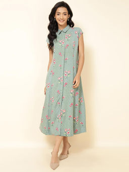 Fabindia - Green Viscose Blend Midi Print Spread Collar Regular Sleeve Dress