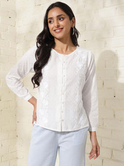 Fabindia - White Cotton Regular Fit Embroidery Round Neck Sleeve Top