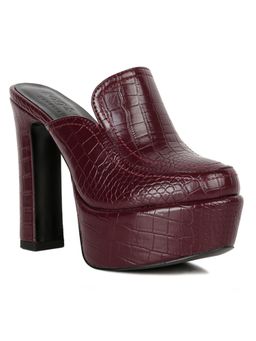 Rag & Co - Burgundy Croc Pattern Block Heeled Mules
