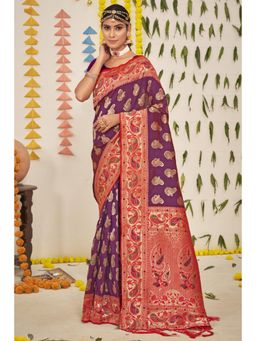 Sangam Prints - Purple Silk Woven Zari Work Traditional Tassel Saree with Unstitched Blouse