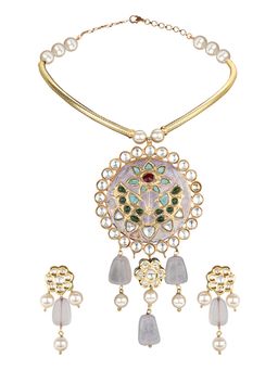 Joules By Radhika - Earing & Necklace Set With Gold Plated Pipe, Shell Pearl & Purple Enamelling