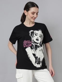 Free Authority - Official Birds Of Prey Women Half Sleeves Black Graphic Printed Loose T-Shirt