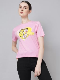 Free Authority - Official Garfield Women Half Sleeves Pink Graphic Printed Regular Fit T-Shirt