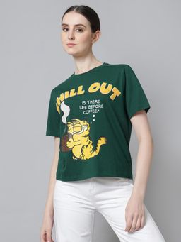 Free Authority - Official Garfield Women Half Sleeves Green Graphic Printed Regular Fit T-Shirt
