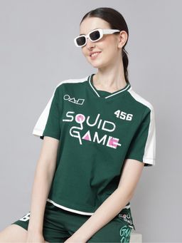 Free Authority - Official Squid Game Women Half Sleeves V-Neck Graphic Printed Loose T-Shirt