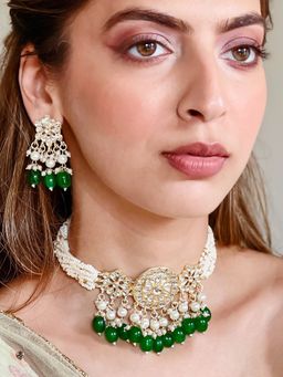 Azai by Nykaa Fashion - Ethnic Off White & Green Pearl Choker Jewellery (Set of 2)