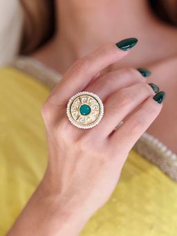Azai by Nykaa Fashion - Statement Green Kundan Stone Ring with Pearls