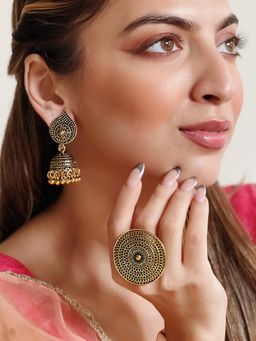 Azai by Nykaa Fashion - Combo of Gold Ring and One Ethnic Patterned Gold Oxidised Jhumkis