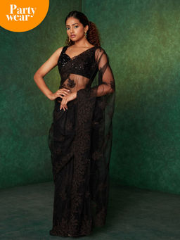 Likha - Black Net Sequin Embroidered Saree with Unstitched Blouse LIKSAR10 (One Size)