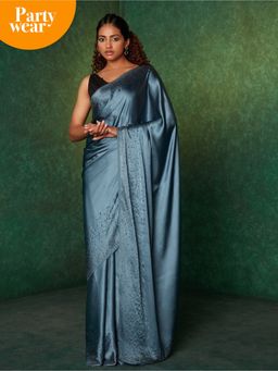Likha - Grey Satin Sequin Saree with Unstitched Blouse
