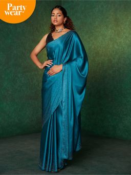 Likha - Teal Satin Sequin Saree with Unstitched Blouse LIKSAR14 (One Size)