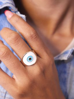 Pipa Bella by Nykaa Fashion - White & Turqoise Enamel Evil Eye Ring