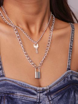 Pipa Bella by Nykaa Fashion - Lock and Key Silver Plated Layered Necklace