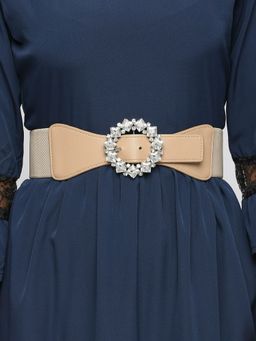 Twenty Dresses by Nykaa Fashion - Beige Textured Rhinestone Studded Buckle Party Belt