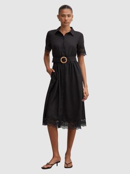Forever New - Black Eliana Lace Trim Linen Midi Dress with Belt