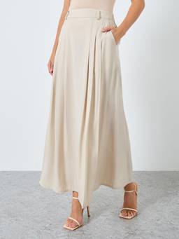 Styli - Women Cream Solid Pleated Detail A-Line Skirt
