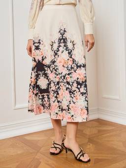 Styli - Women Off-White Floral Print High-Waisted Midi Skirt