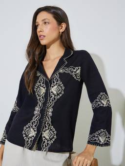Styli - Women Black Embroidered Regular Fit Resort Collar Cotton Shirt
