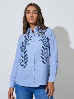 Styli - Women Blue Striped Full-Sleeves Oversized Shirt