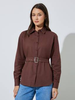Styli - Women Brown Solid Oversized Cotton Shirt with Fabric Belt