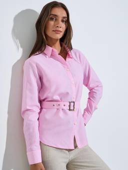 Styli - Women Pink Striped Regular Fit Cotton Shirt with Fabric Belt