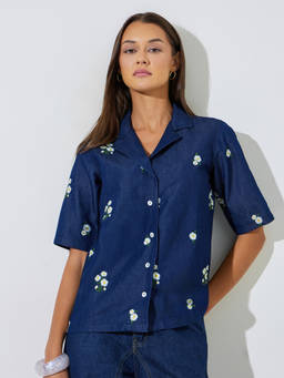 Styli - Women Floral Embroidered Short-Sleeve Regular Fit Denim Shirt