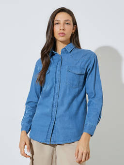 Styli - Women Blue Oversized Denim Shirt with Pockets
