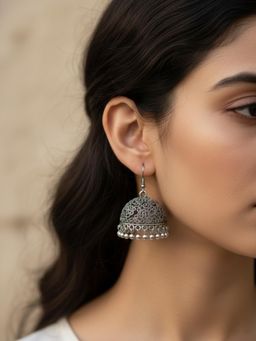 Gahan - Women German Silver Oxidised Dome Shaped Jhumka Earrings