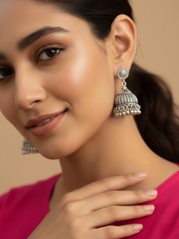 Gahan - Womens Oxidized Silver Plated Jhumkis Earring Set