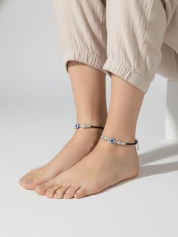 Gahan - Silver Plated Fish Shaped Black & Blue Beaded Evil Eye Handcrafted Anklets