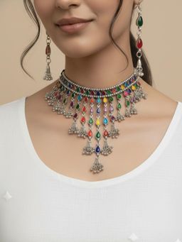 Gahan - Womens Multicolor Oxidised Silver Plated Choker Necklace with Earring Set