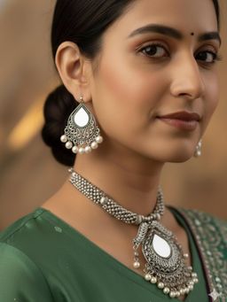 Gahan - Women Oxidized Silver-Tone Mirror & Pearl Ethnic Necklace with Earring Set