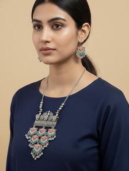 Gahan - Women Oxidized Multicolor Ghungroo Necklace with Earrings Set