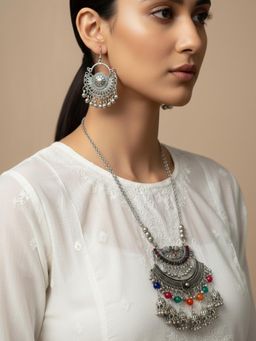 Gahan - Women Oxidised Silver-Plated Long Chain Necklace with Earrings Set
