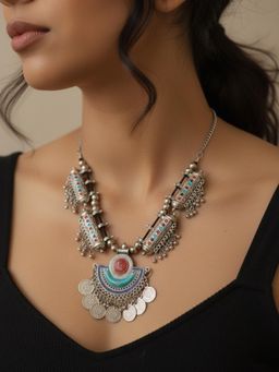 Gahan - Women Oxidized Silver Plated Multi Color Necklace With Coin Dangles