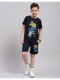 Monte Carlo - Boys Navy Blue Printed Round Neck T-Shirt and Bermuda Shorts
