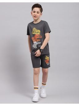 Monte Carlo - Boys Dark Grey Printed Round Neck T-Shirt with Bermuda Shorts