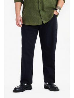Snitch - Navy Blue Cotton Blend Regular fit Mid Waist Solid Trouser