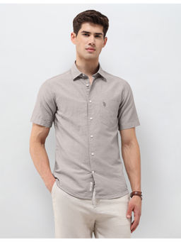 U.S. POLO ASSN. - Grey Cotton Half Sleeves Tailored Fit Solid Shirt