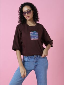 SHOWOFF - Women Graphic Brown Boxy T-Shirt