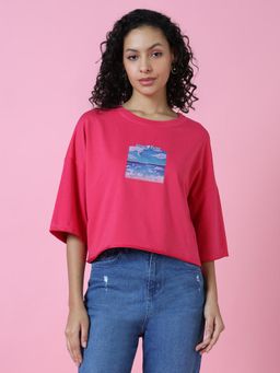 SHOWOFF - Women Graphic Pink Boxy T-Shirt