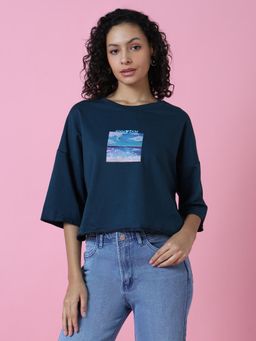 SHOWOFF - Women Graphic Teal Boxy T-Shirt